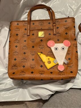 MCM Cognac Year of the mouse Visetos Tote with Yellow Cheese & Pink Mouse Patch